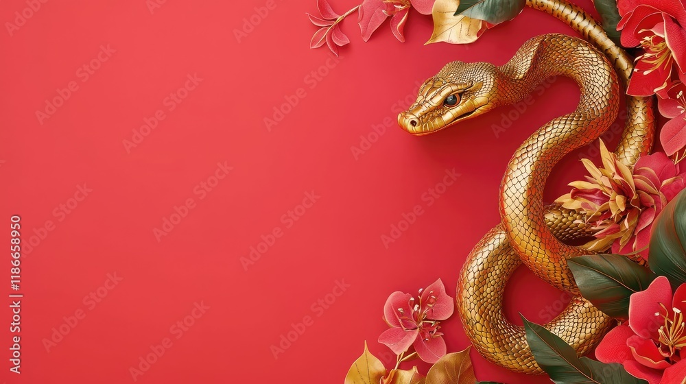 A red background with a golden snake decoration on the right side, accompanied by pink flowers and green leaves. Ideal for Chinese New Year greeting cards, festive decor A red background with a golden snake decoration on the right side, accompanied by pink flowers and green leaves. Ideal for Chinese New Year greeting cards, festive decor