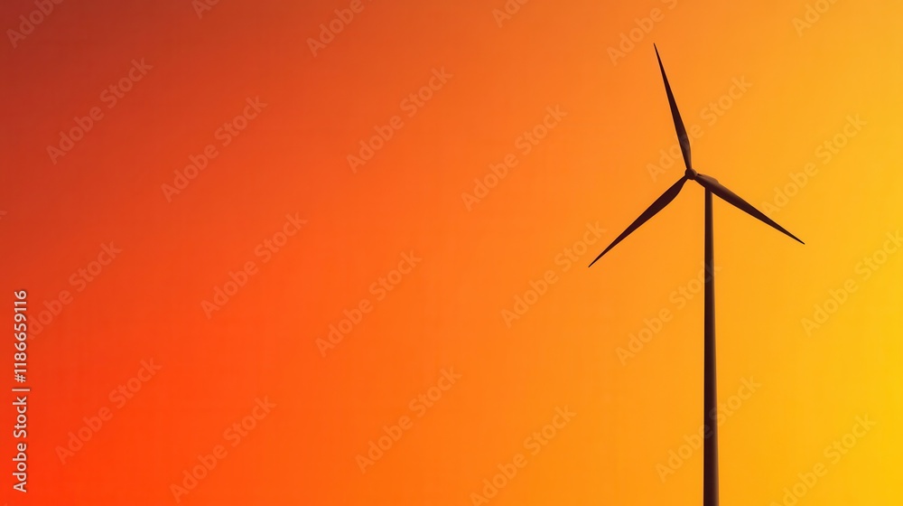 Fototapeta premium Wind Turbine Silhouette Against Vibrant Orange Sunset Sky Background