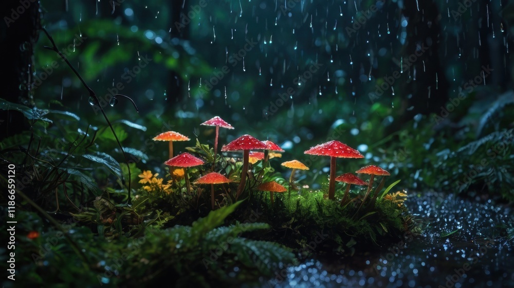 Obraz premium A Magical Rainy Evening in a Lush Forest: Vibrant Mushrooms Illuminated by Distant Lights