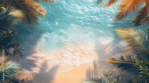 Tropical Beach Paradise: Overhead View of Turquoise Ocean and Palm Trees 
