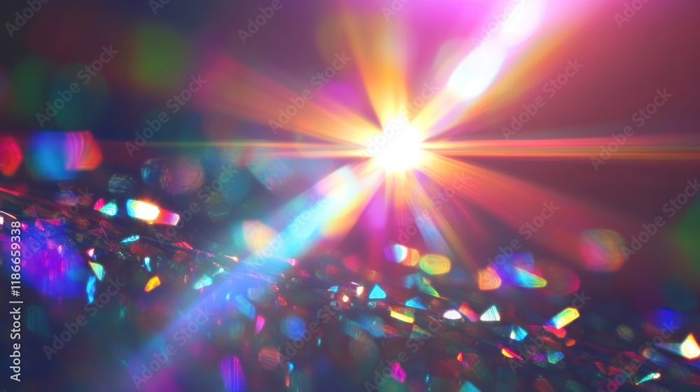 Fototapeta premium Colorful light rays burst from a bright light source, illuminating glittering surface.