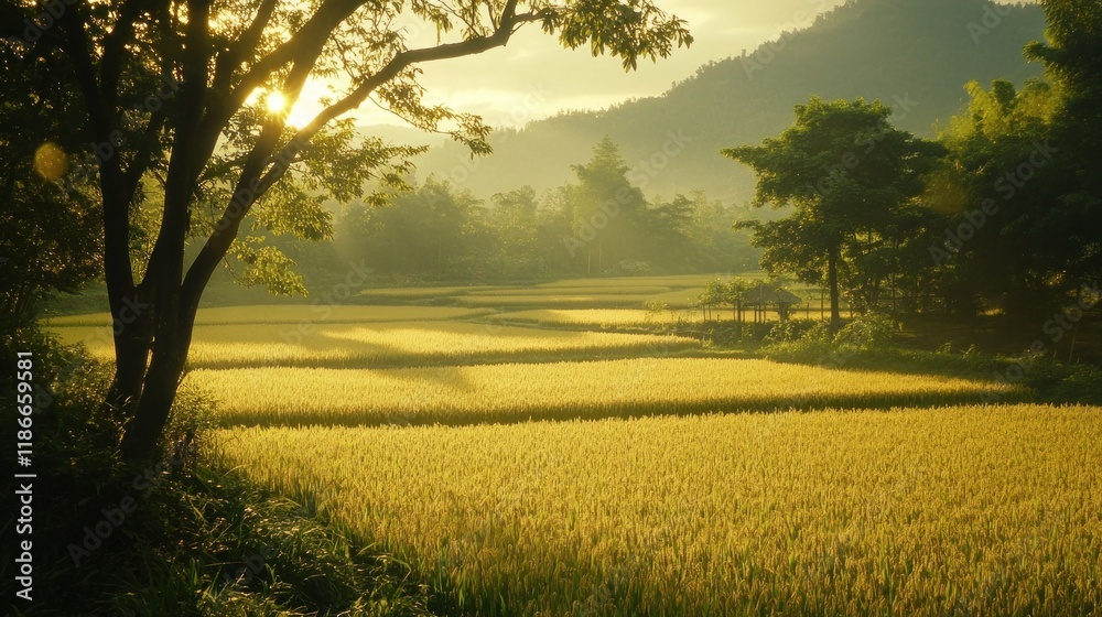 Obraz premium Golden Rice Fields at Sunset