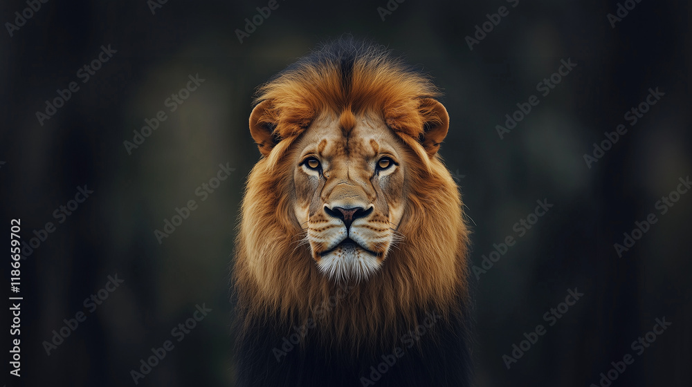 Fototapeta premium Majestic Lion Portrait: A powerful lion stares intensely at the camera, his mane framing his face in a dramatic portrait. The dark background adds to the sense of mystery and grandeur. 