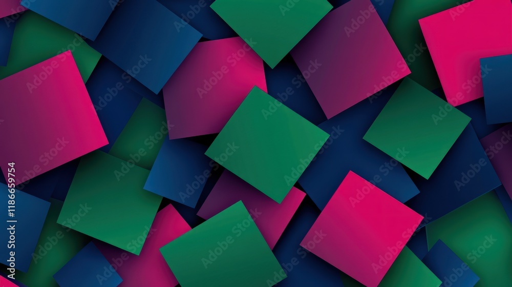 Abstract background with overlapping colorful squares in shades of pink, green, and blue. Abstract background with overlapping colorful squares in shades of pink, green, and blue.