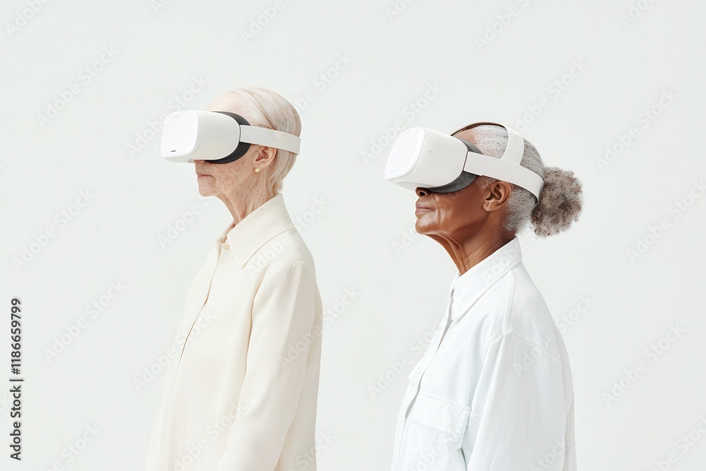 Remote health enables virtual consultations through video calls. Two elderly women wearing virtual reality headsets side by side. Remote health enables virtual consultations through video calls. Two elderly women wearing virtual reality headsets side by side.