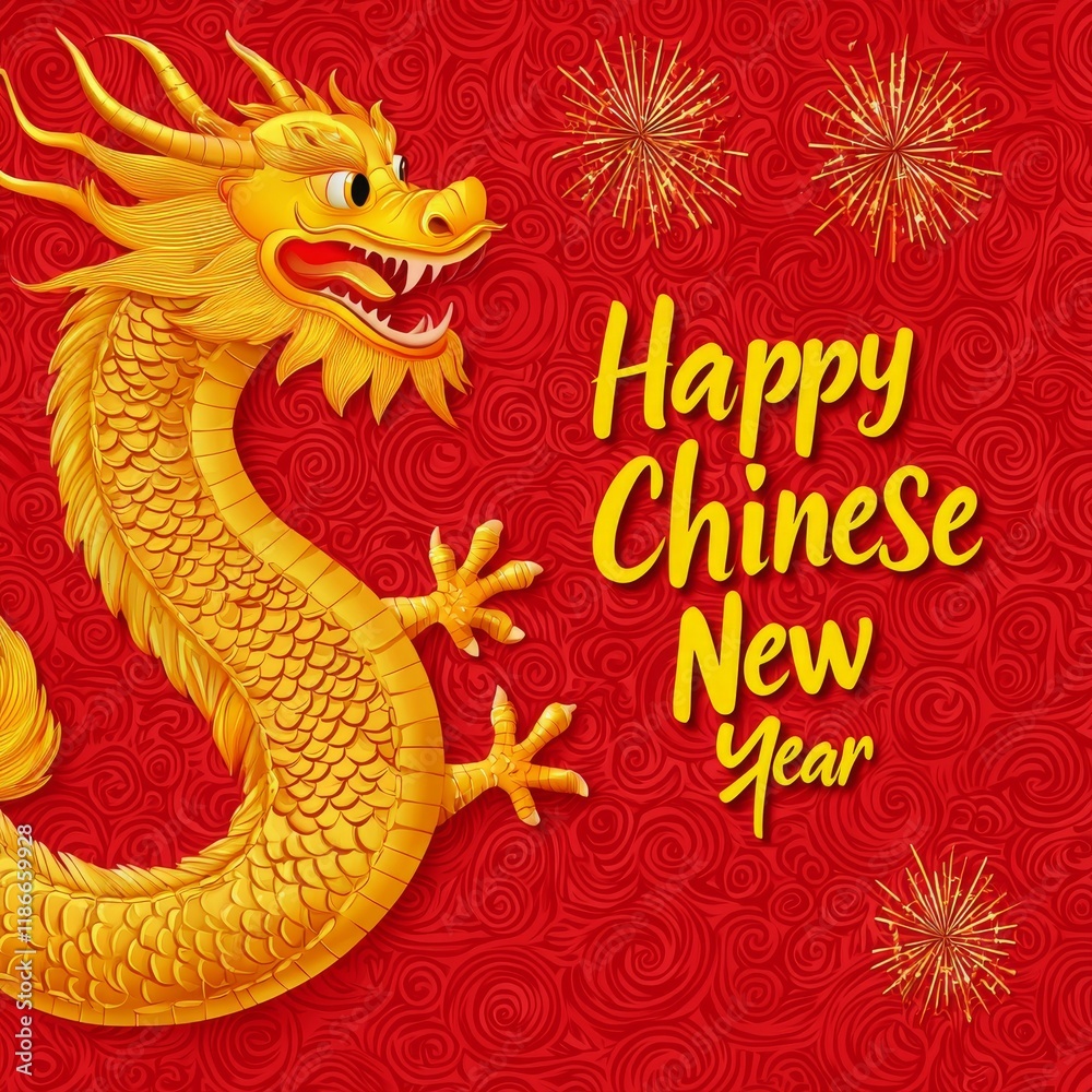 Obraz premium Chinese New Year cards embrace minimalist design. Colorful illustration of a golden dragon celebrating Chinese New Year with festive text and fireworks.