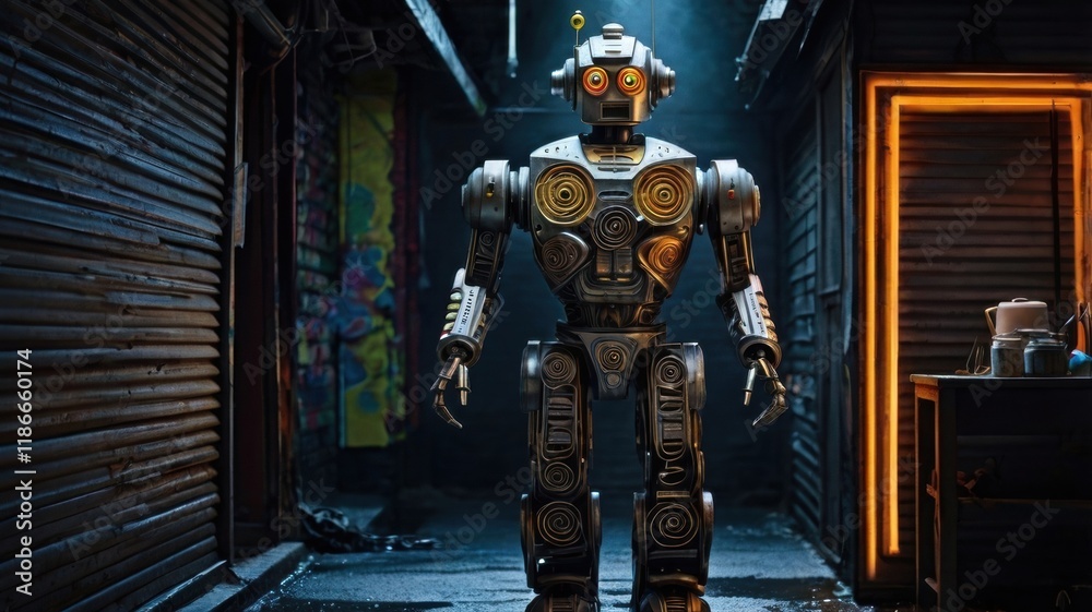 A Futuristic Robot with a Vibrant Design Surrounded by Graffiti in a Neon-Lit Urban Environment