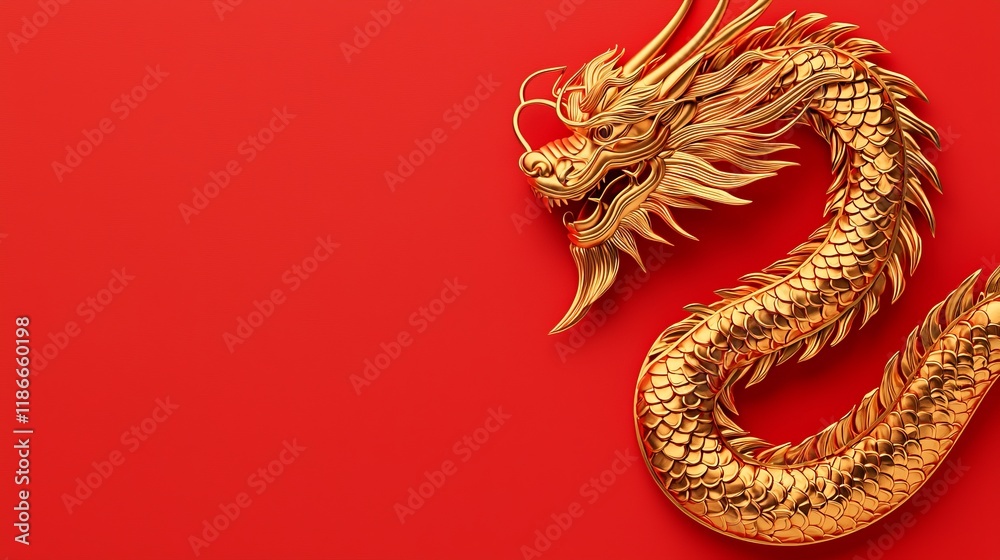 Obraz premium Chinese New Year cards embrace minimalist design. Golden dragon on a vibrant red background, symbolizing power and prosperity.