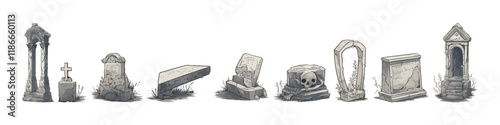 Gravestone vector set. Tomb cemetery. Stone with skull.