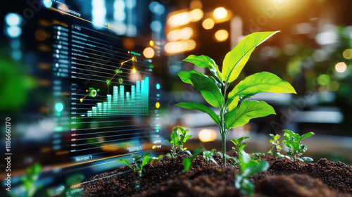 close up of green plant growing in soil with digital display showing sustainability metrics and growth trends. image conveys sense of innovation and environmental awareness