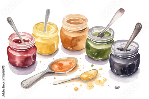 Watercolor jars with sauce. Kitchen utensils.