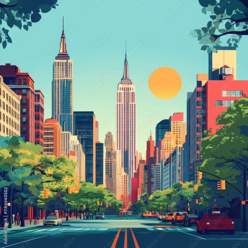 Illustration poster of new york city in a summer day, flat design
