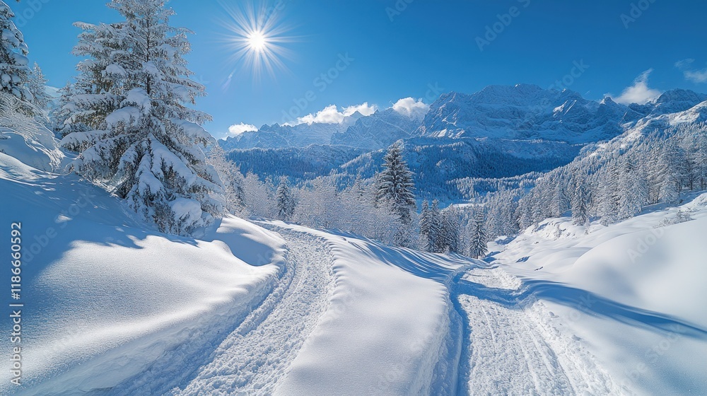 Sunny winter landscape with snow-covered trees and mountains. Sunny winter landscape with snow-covered trees and mountains.