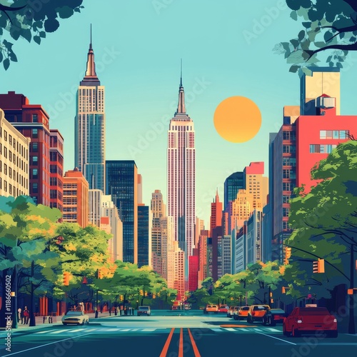 Obraz na płótnie Illustration poster of new york city in a summer day, flat design w salonie