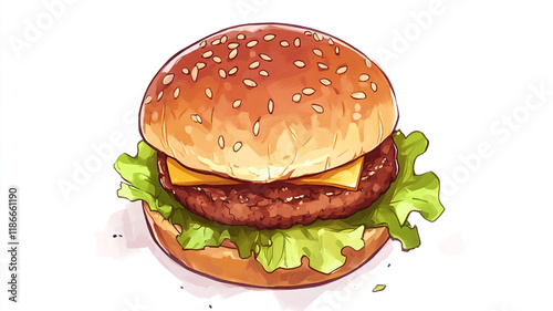 Delicious Cheeseburger with Sesame Bun Lettuce and Melted Cheese Fast Food Illustration