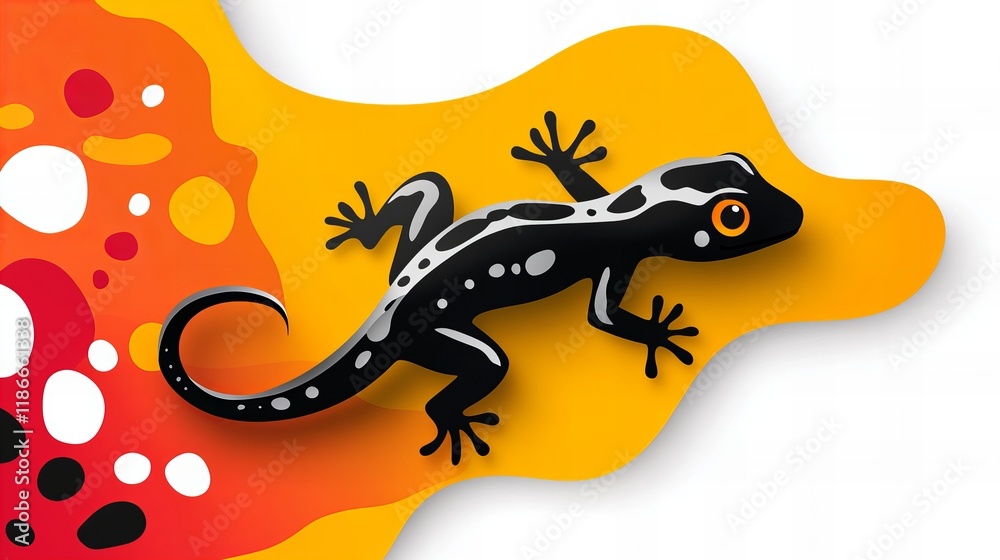 Naklejka premium A stylized gecko on a vibrant yellow and orange background. A fun, playful illustration.