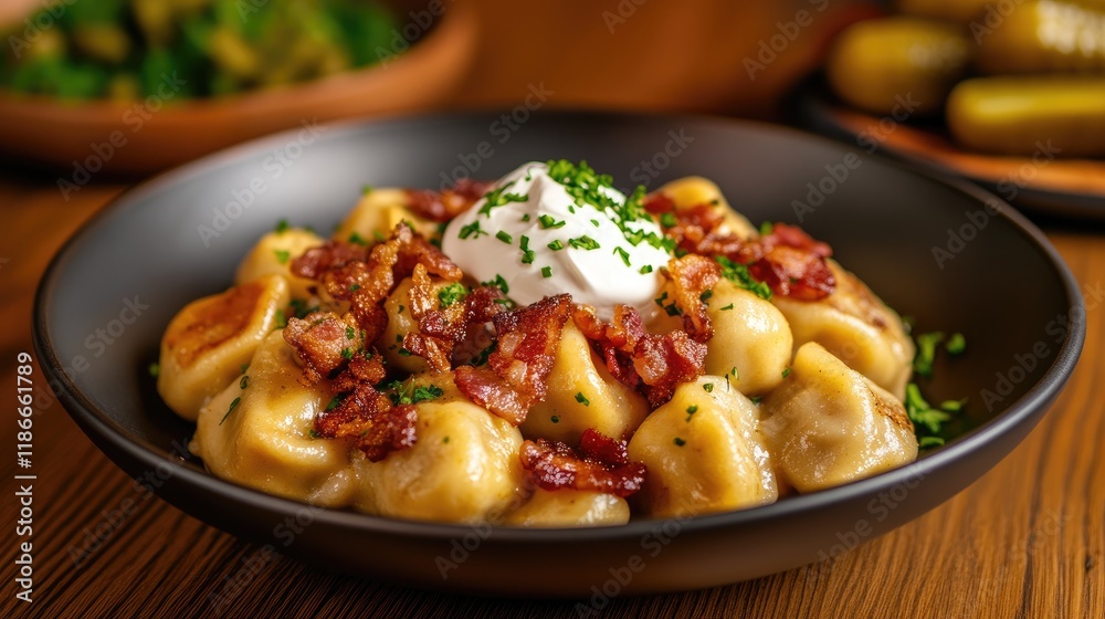 Delicious dumplings topped with crispy bacon, sour cream, and fresh herbs served in a black bowl. Delicious dumplings topped with crispy bacon, sour cream, and fresh herbs served in a black bowl.