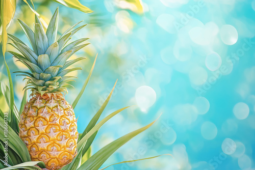 Summer background for travel or vacation design with pineapple on a bright tropical blue background with soft bokeh lights and copyscape