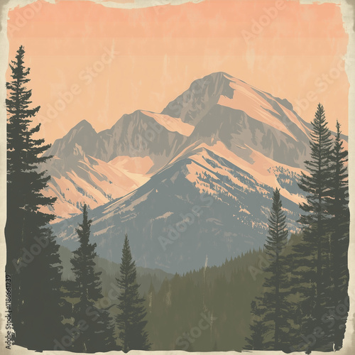 Vintage travel poster print in retro style with a mountain landscape, muted colors. Travel retro design poster with copyscape for text or message
