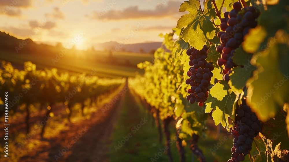 Naklejka premium Sunset Over Vineyard with Grapes and Green Leaves on Vines