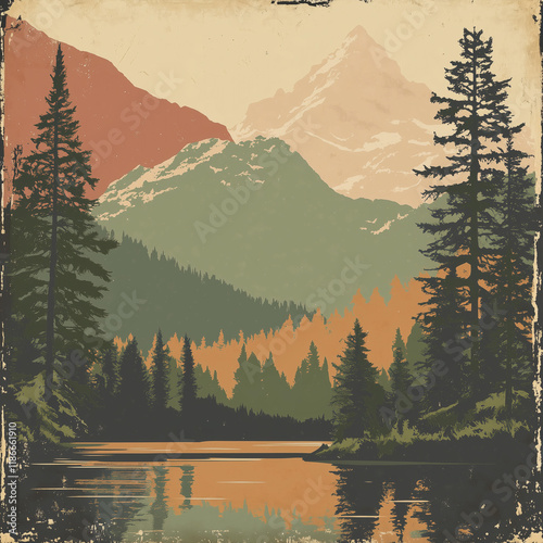 Vintage travel poster print in retro style with a mountain landscape, muted colors. Travel retro design poster with copyscape for text or message