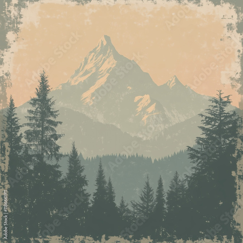 Vintage travel poster print in retro style with a mountain landscape, muted colors. Travel retro design poster with copyscape for text or message