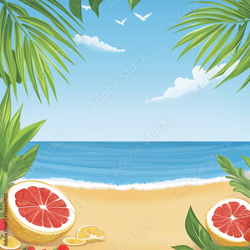 Summer travel background with a tropical summer scene with the sea, sandy shore, palm branches, and grapefruit for your summer message or travel vacation design with beach scene