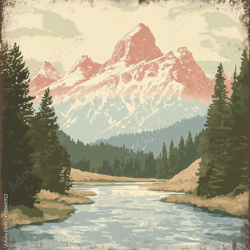 Vintage travel poster print in retro style with a mountain landscape, muted colors. Travel retro design poster with copyscape for text or message