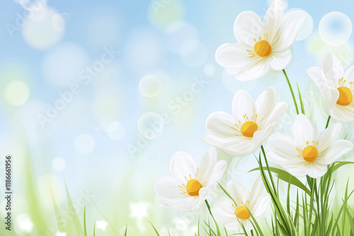Spring background with white flowers and a sky blue background with bokeh lights and copyspace. Easter background