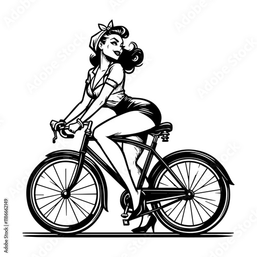 pin-up girl riding a bicycle in vintage black and white design
