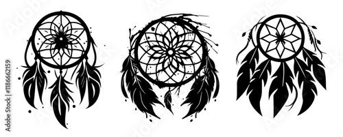 black and white dreamcatcher illustrations with feathers and decorative designs photo