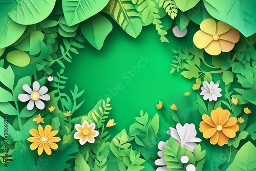 Summer card in a paper cut style with paper flowers on bright summer green background. With copyspace for a text or a message