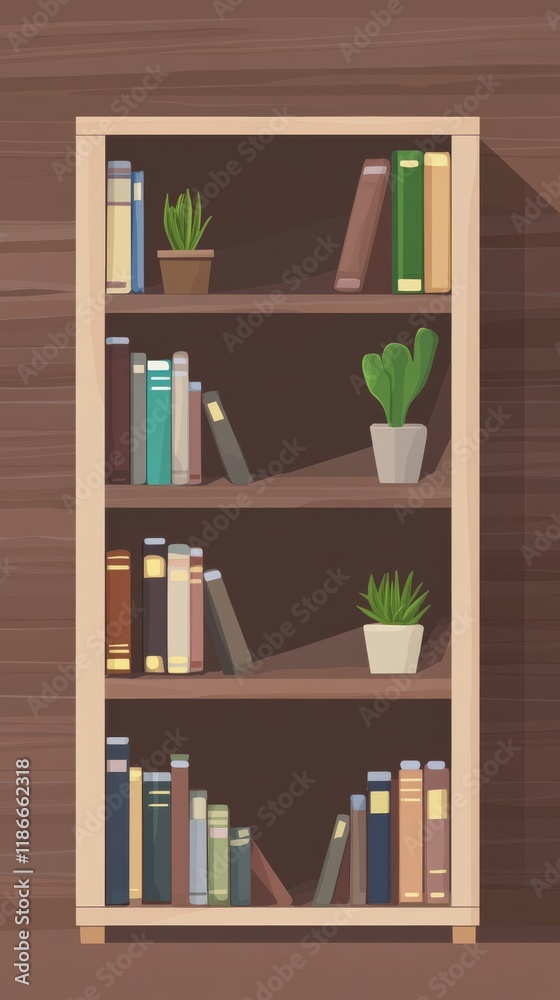 Neatly organize bookshelf, vector art, cel shaded bookshelf