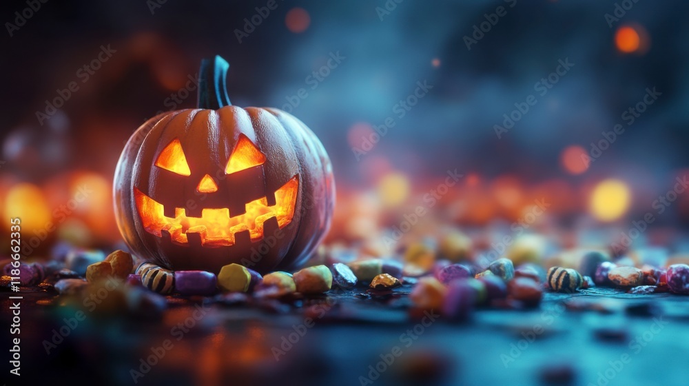 Halloween Jack-o'-lantern: A menacing jack-o'-lantern with glowing eyes and a wide grin sits amidst a colorful scattering of Halloween candy, creating an eerie yet festive ambiance. Halloween Jack-o'-lantern: A menacing jack-o'-lantern with glowing eyes and a wide grin sits amidst a colorful scattering of Halloween candy, creating an eerie yet festive ambiance.
