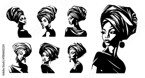 black and white female portraits with turbans in elegant artistic style