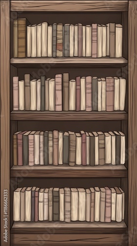 Neatly organize bookshelf, vector art, cel shaded bookshelf