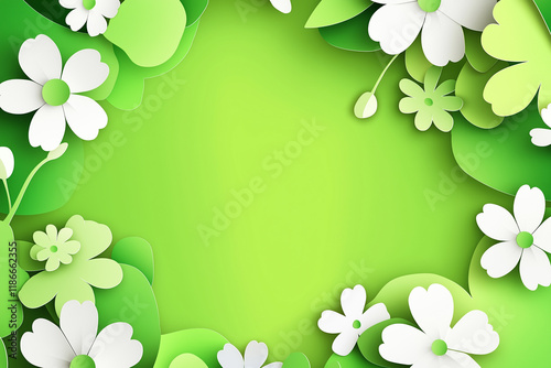 Summer card in a paper cut style with paper flowers on bright summer green backgound. With copyspace for a text or a message