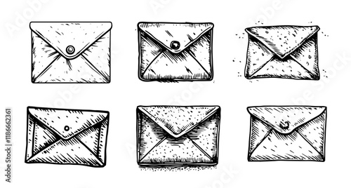 hand-drawn envelope illustrations in black and white with vintage style