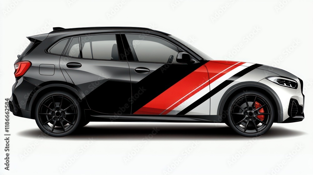 SUV with red, black, and white racing stripes decal wrap design. SUV with red, black, and white racing stripes decal wrap design.