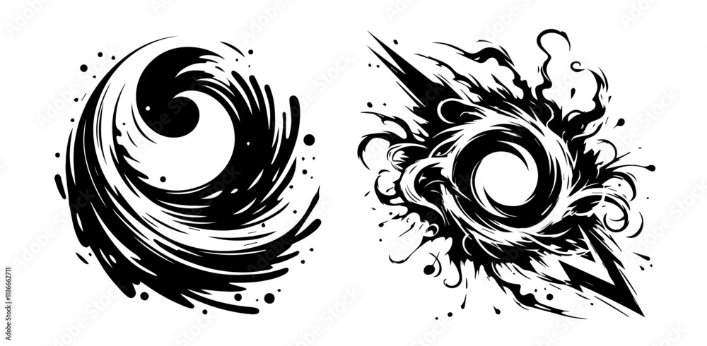 abstract vortex and energy swirl symbols in black silhouette