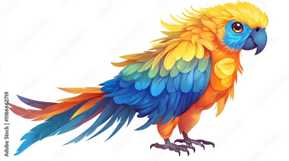 Fototapeta premium Colorful parrot with vibrant yellow, orange, and blue feathers, standing on white background.