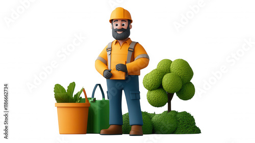 [3D animated gardener with hard hat and gloves] 3D Animated Gardening Worker Wearing Hard Hat Vest Gloves Boots