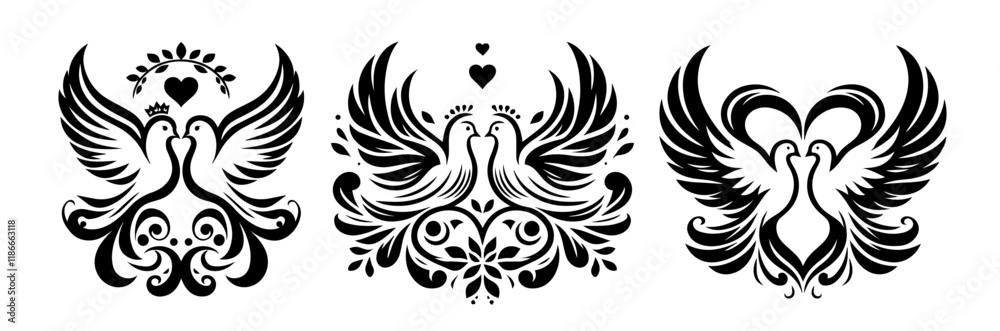Obraz premium elegant doves with hearts collection in black silhouette style