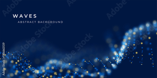 Abstract yellow and blue particle background. Flow wave with dot landscape. Digital data structure. Future mesh or sound grid. Pattern point visualization. Technology vector illustration.