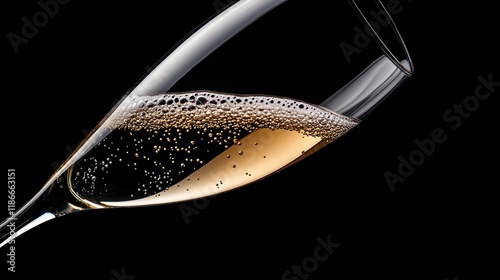 Close-up of champagne bubbles in a tilted flute against a black background. photo