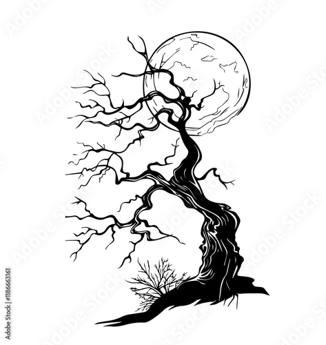 haunted tree with full moon in black silhouette style