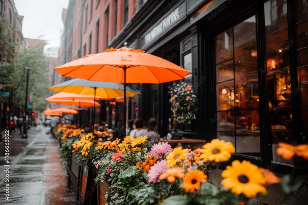 A café-lined street in an urban neighborhood, with people sitting outside under colorful umbrellas A café-lined street in an urban neighborhood, with people sitting outside under colorful umbrellas