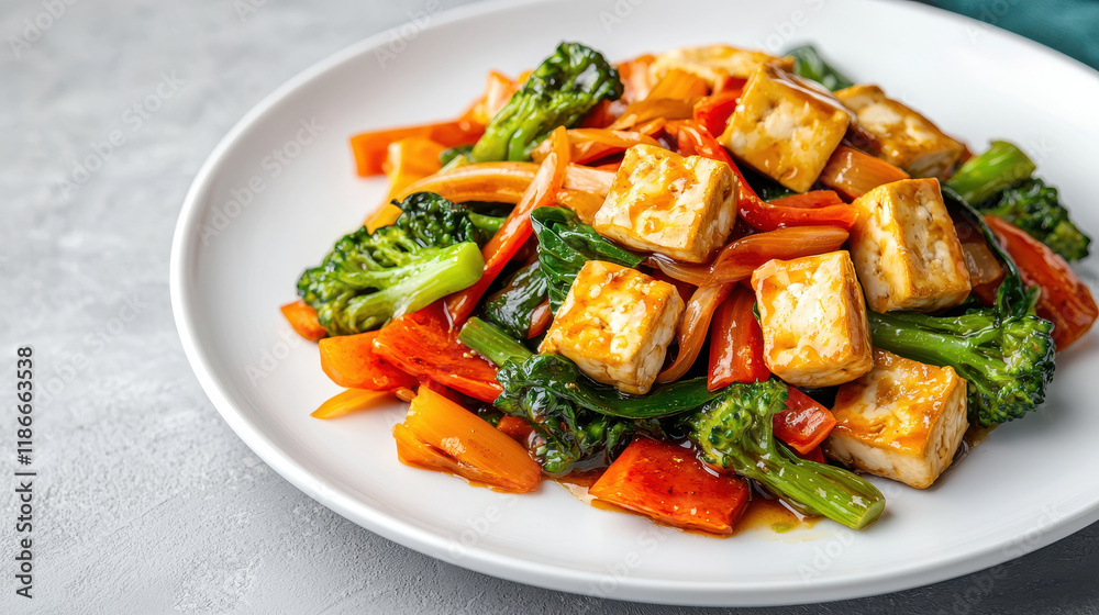 Delicious stir-fried vegetables with tofu on a white plate. Delicious stir-fried vegetables with tofu on a white plate.