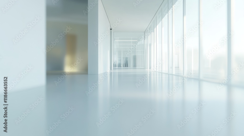 Fototapeta premium Bright, modern hallway with large windows and reflective floor.