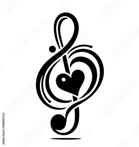 musical treble clef with heart in black silhouette icon